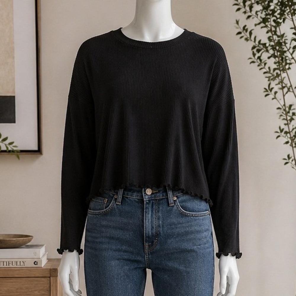 Aqua Lounge Womens Ribbed Long Sleeve Lettuce Edge Top Black S